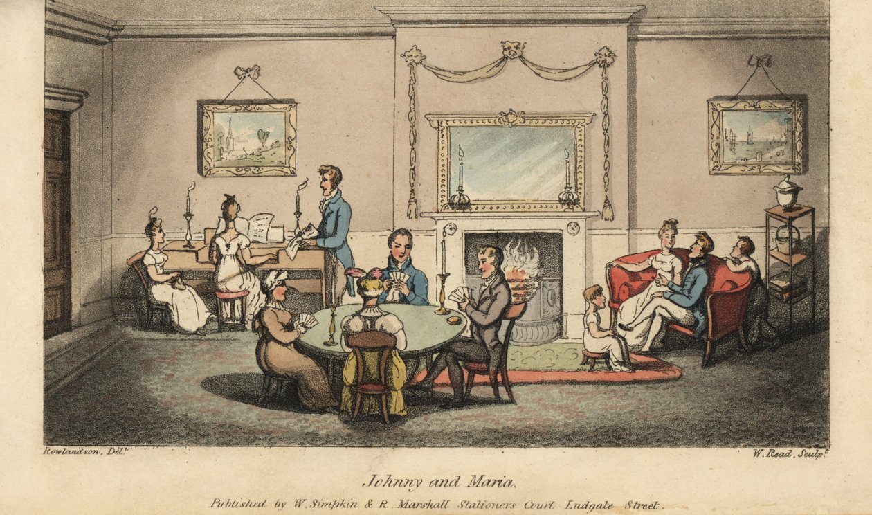 Johnny che corteggia Maria in un salotto mentre altri giocano a carte e cantano canzoni davanti al focolare da Thomas Rowlandson