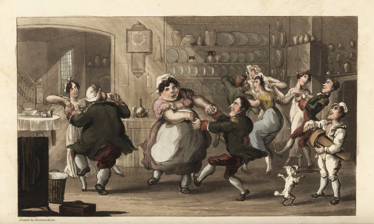 Johnny balla a una festa segreta con altri servitori in cucina. Incisione colorata a mano di Thomas Rowlandson dal libro di William Combe 