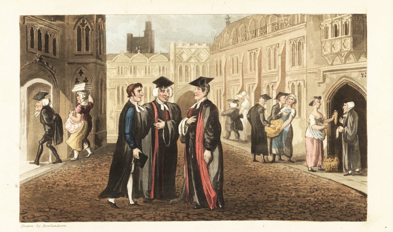 Johnny in abiti parla con i Don a Oxford University, mentre altri studiosi e studenti comprano grano dai droghieri e molestano le cameriere. Incisione a mano colorata su rame di Thomas Rowlandson da La storia di Johnny Quae Genus, il piccolo trovatello del da Thomas Rowlandson