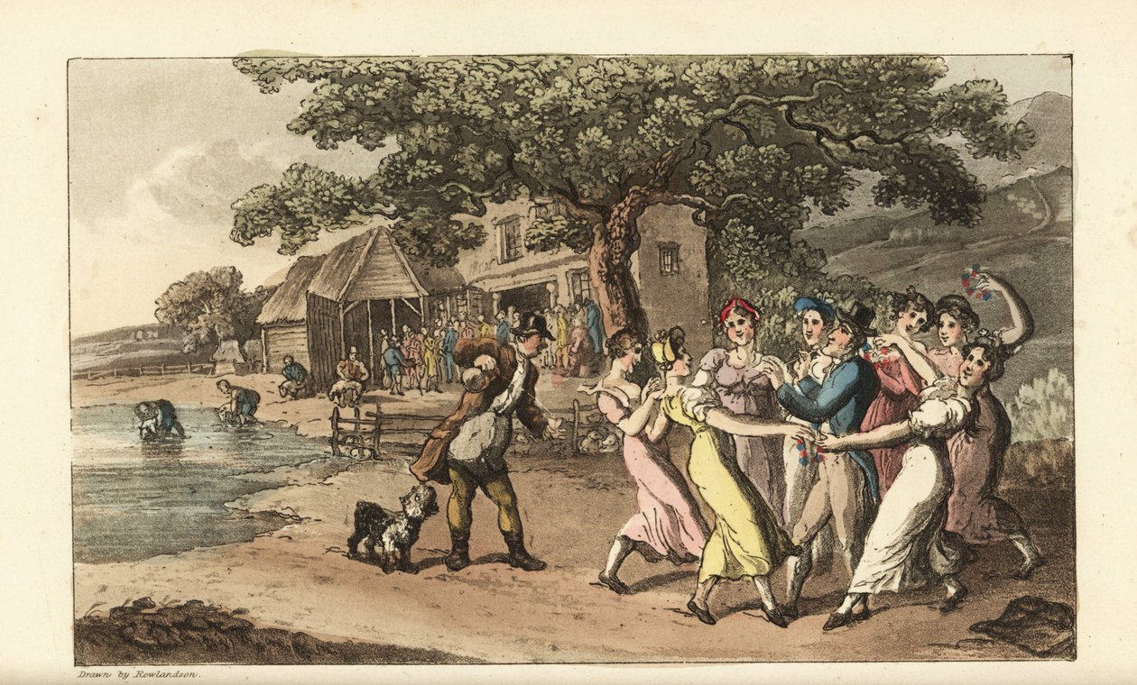 Johnny che suona il flauto a una festa di tosatura delle pecore, circondato da ragazze di campagna danzanti da Thomas Rowlandson