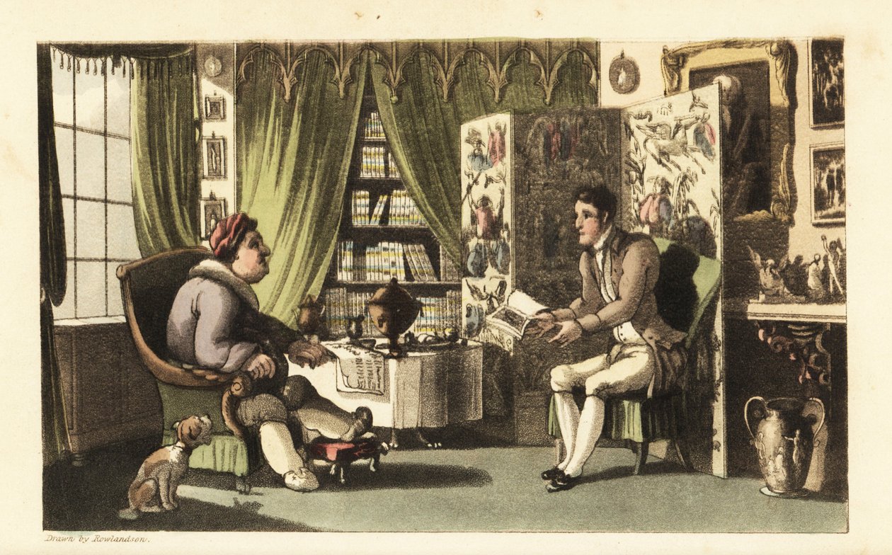 Johnny che legge a Sir Jeffery Gourmand nel suo studio da Thomas Rowlandson