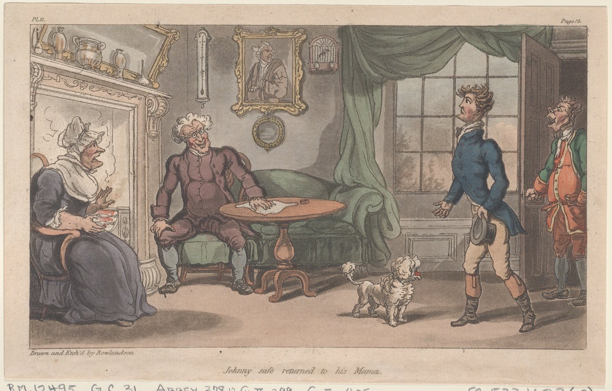 Johnny tornato sano e salvo dalla sua mamma, da Le avventure militari di Johnny Newcome, 1815 da Thomas Rowlandson