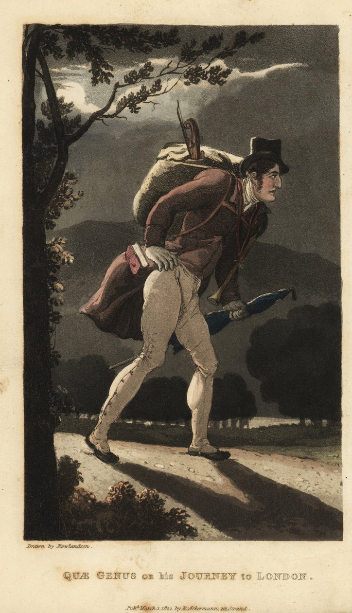 Johnny cammina sulla strada illuminata dalla luna verso Londra. Ha uno zaino con un violino, un libro nella tasca del cappotto e porta un ombrello. Incisione a mano colorata su rame di Thomas Rowlandson da La storia di Johnny Quae Genus di William Combe, i da Thomas Rowlandson