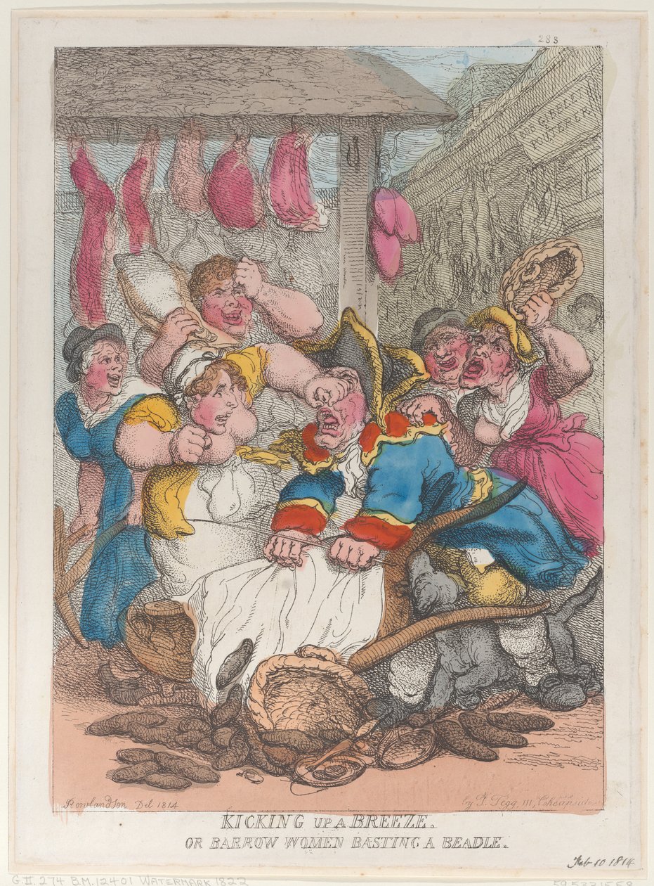Alzando una brezza o donne con la carriola che bastonano un beadle da Thomas Rowlandson