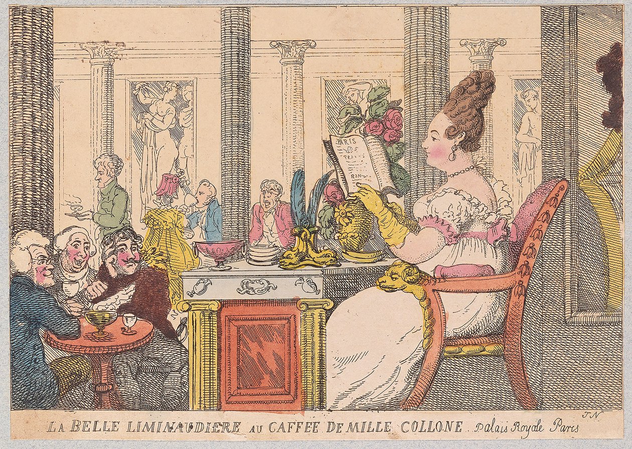 La Belle Liminaudiere al Caffè delle Mille Colonne, Palais Royal, Parigi, pub. 1814 da Thomas Rowlandson