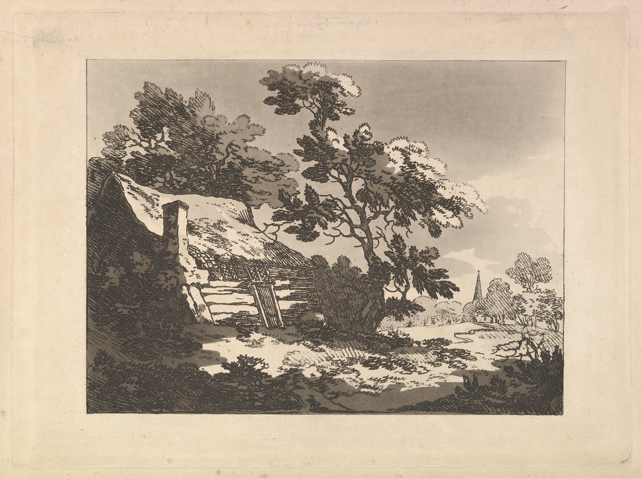 Paesaggio con una casetta tra gli alberi a sinistra e il campanile di una chiesa in lontananza a destra da Thomas Rowlandson