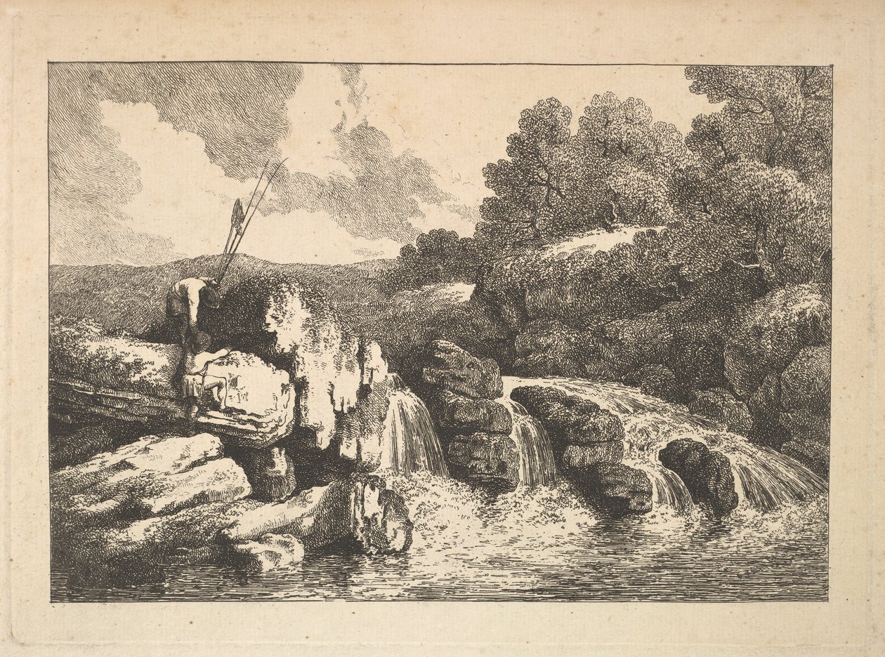 Paesaggio con due pescatori che scalano rocce vicino a una cascata da Thomas Rowlandson