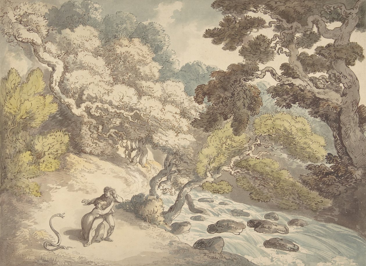 Paesaggio con torrente impetuoso e una coppia sulla riva, spaventata da un serpente da Thomas Rowlandson
