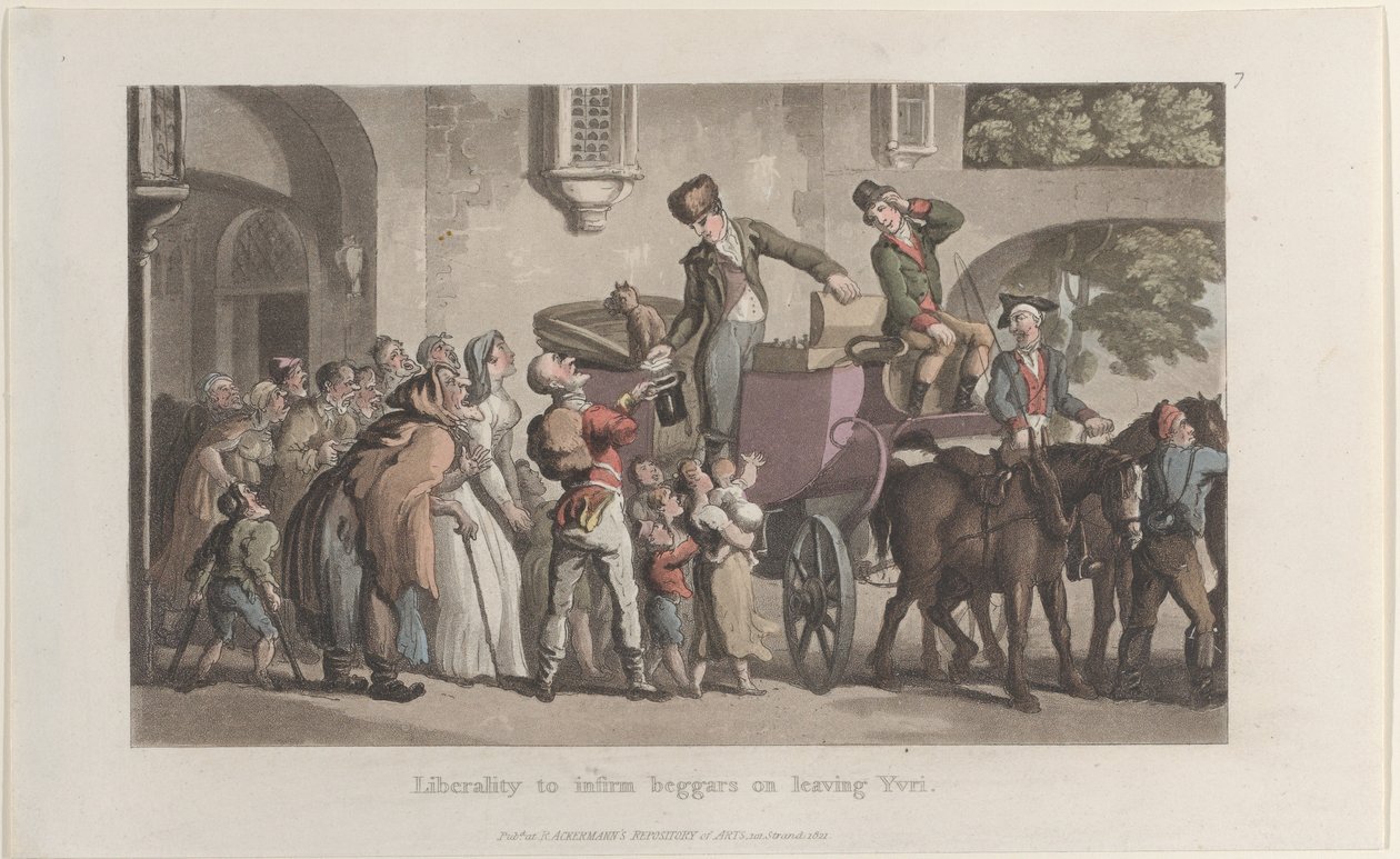 Generosità verso i mendicanti infermi lasciando Yrvi, dal Journal of Sentimental Travels da Thomas Rowlandson