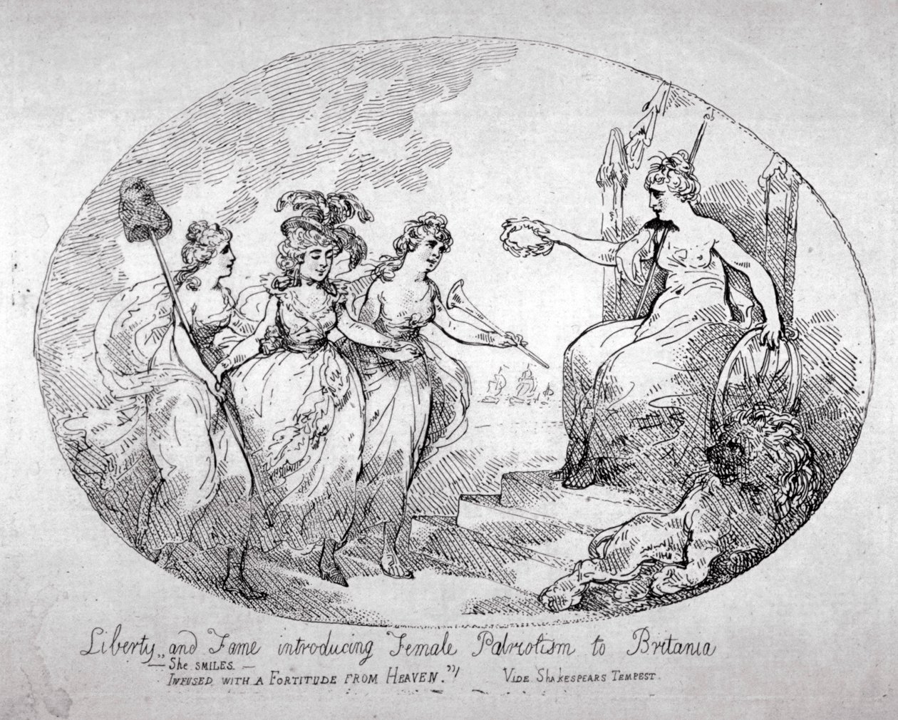 Libertà e Fama introducono il Patriottismo Femminile a Britannia da Thomas Rowlandson