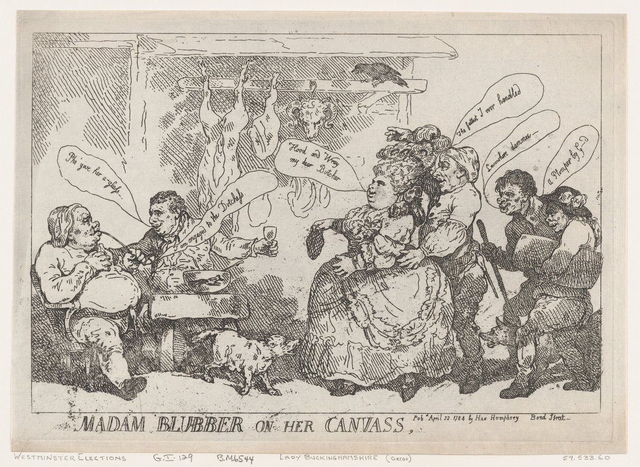 Madam Blubber sulla sua tela, 22 aprile 1784 da Thomas Rowlandson