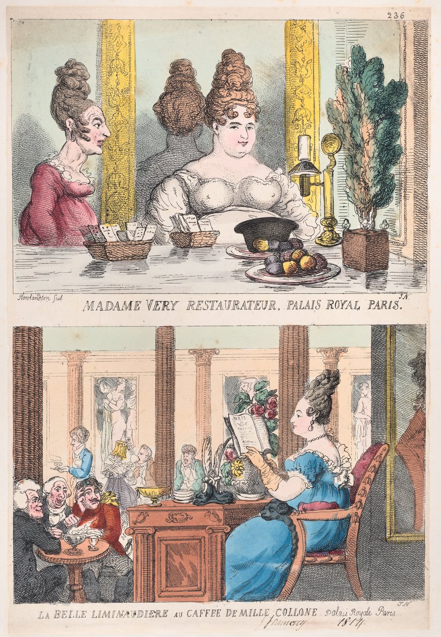 Madame Very Restauranteur, Palais Royal Paris e La Belle Liminaudiere al Caffè De Mille da Thomas Rowlandson