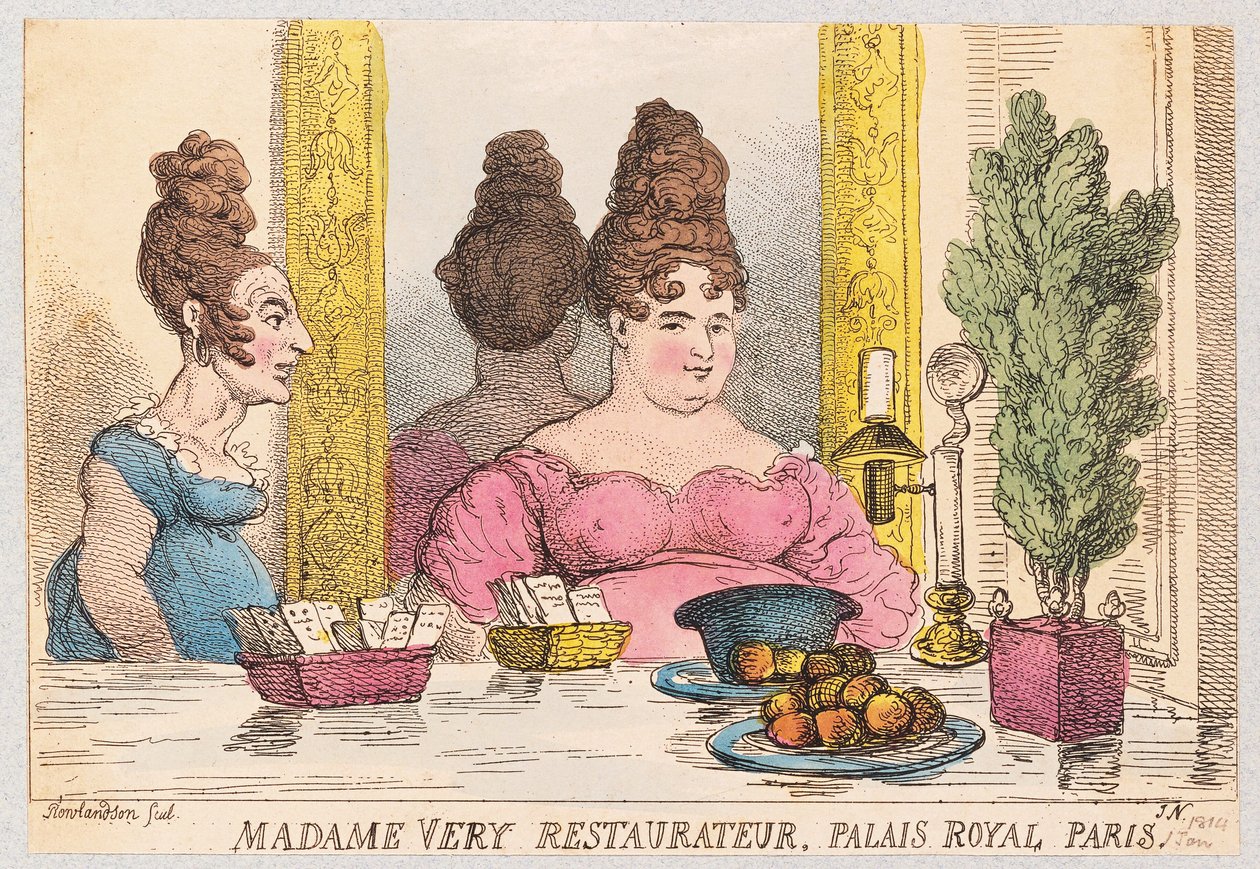 Madame Very, ristoratrice, Palais Royal, Parigi, pub. 1814 da Thomas Rowlandson