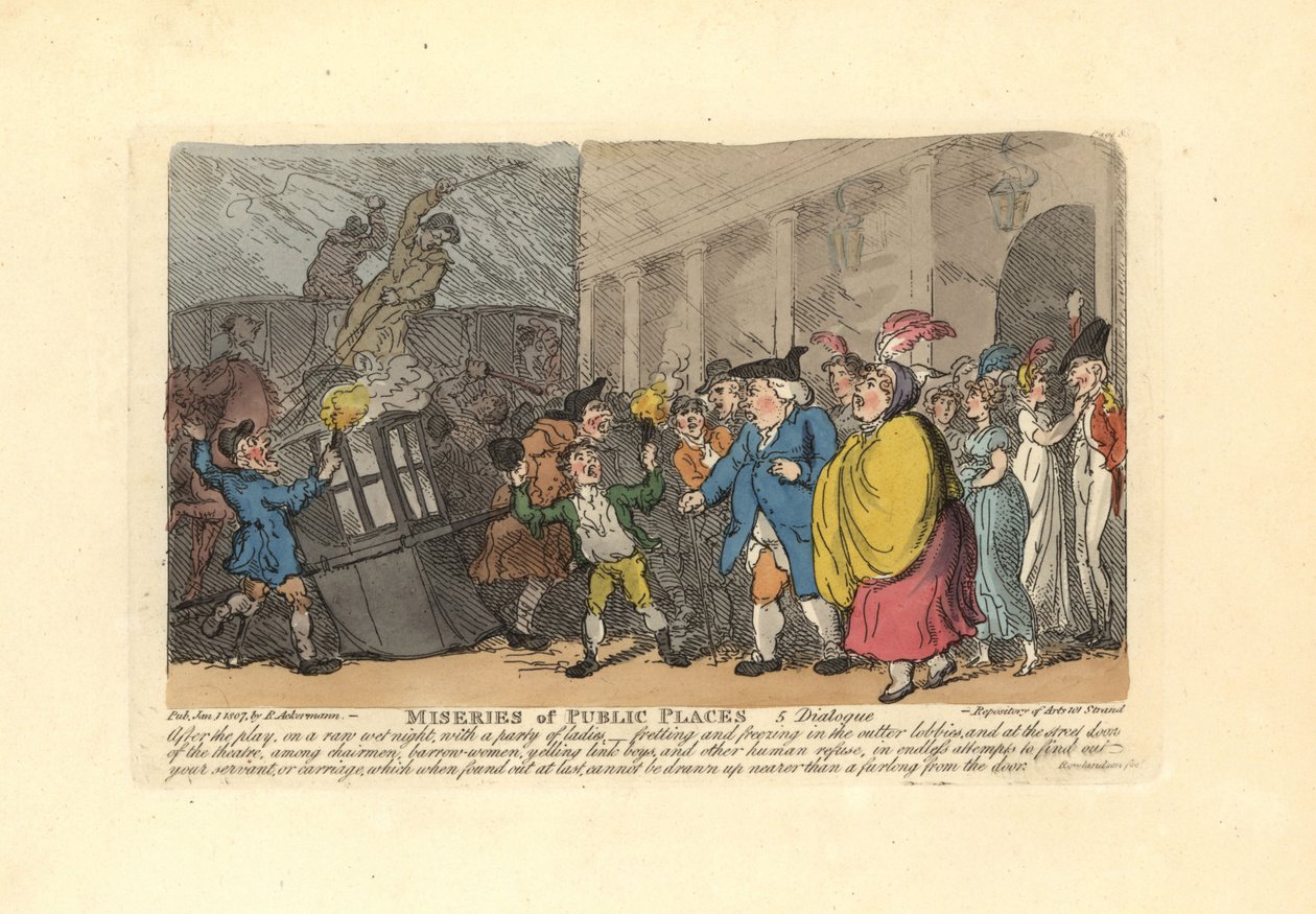 Uomo e donne che cercano una carrozza in una folla sotto la pioggia da Thomas Rowlandson