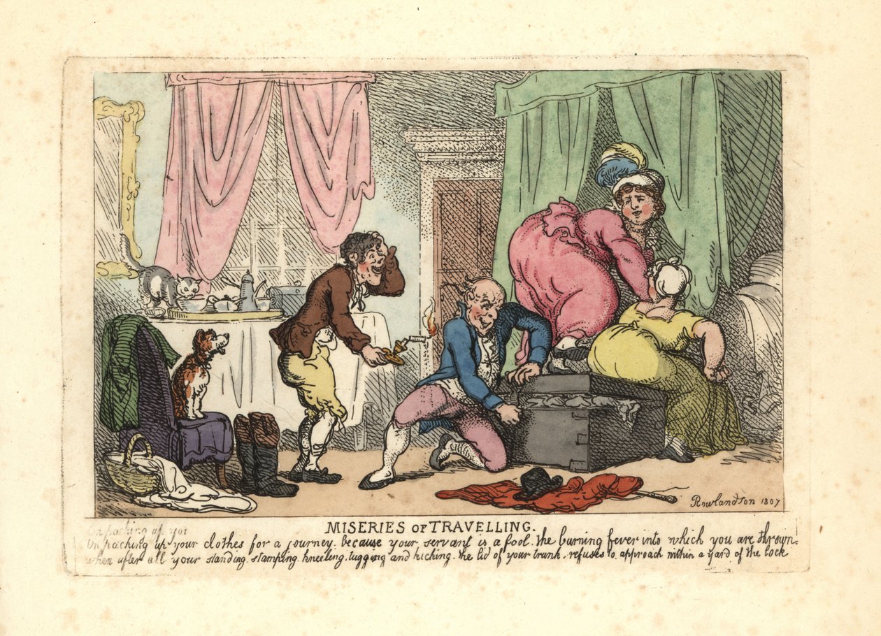 Uomo e due donne che non riescono a chiudere un baule pieno da Thomas Rowlandson
