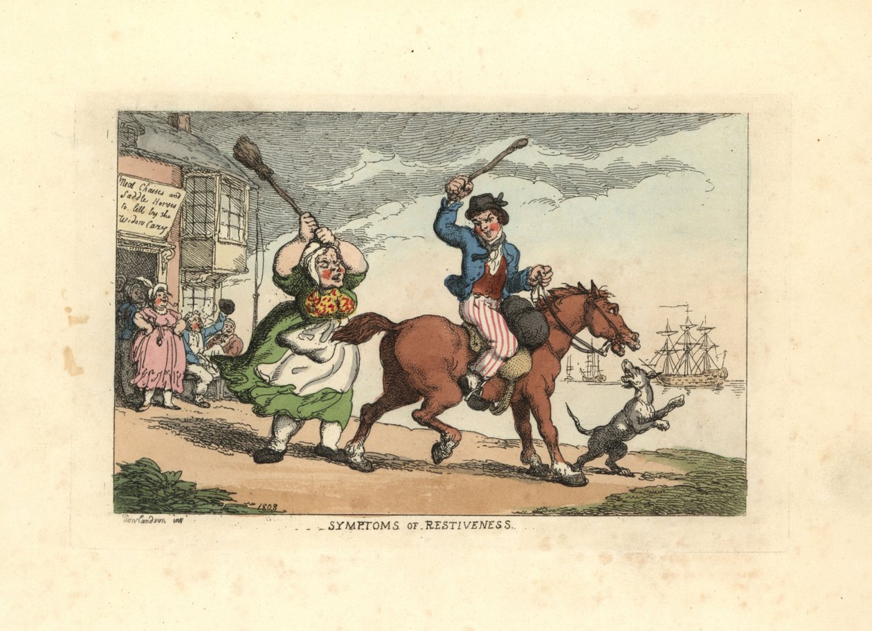 Uomo che picchia un cavallo testardo con un bastone, mentre il proprietario Wido da Thomas Rowlandson