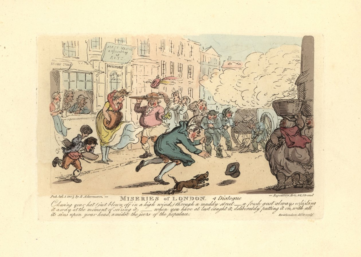 Uomo che rincorre il suo cappello in una strada fangosa con vento forte da Thomas Rowlandson