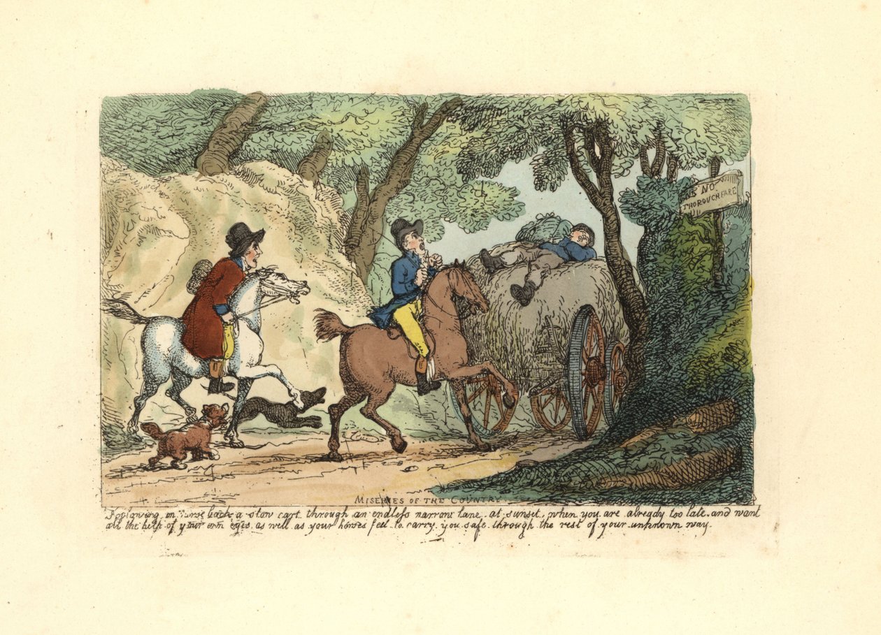 Uomo a cavallo dietro un carro lento su una strada stretta da Thomas Rowlandson