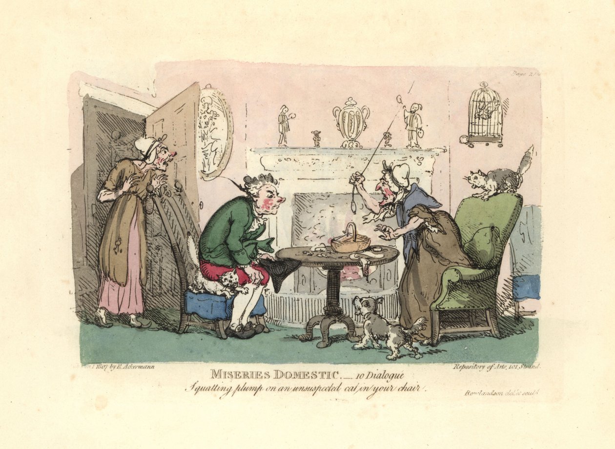 Uomo che si siede su un gatto spaventato nella sua sedia da Thomas Rowlandson