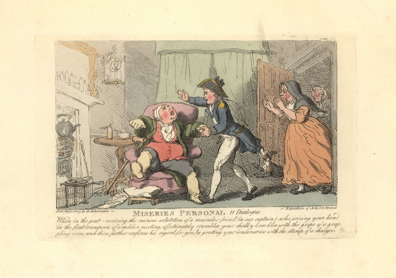 Uomo affetto da gotta accolto dolorosamente da un marinaio da Thomas Rowlandson