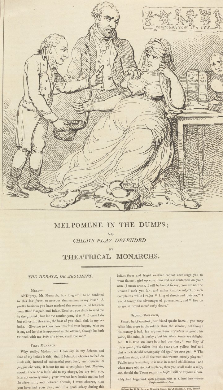 Melpomene in crisi; ovvero, “Child’s Play” difeso dai monarchi del teatro da Thomas Rowlandson