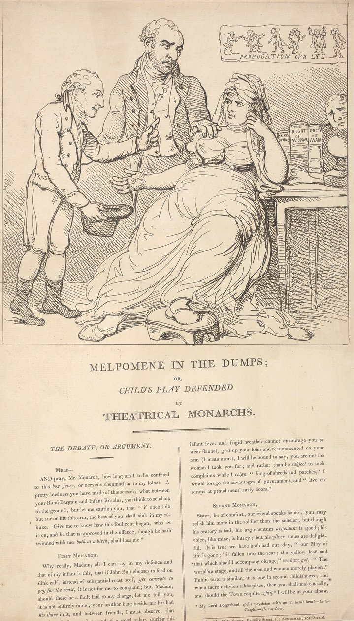 Melpomene in crisi; ovvero, I giochi dei bambini difesi dai monarchi del teatro da Thomas Rowlandson