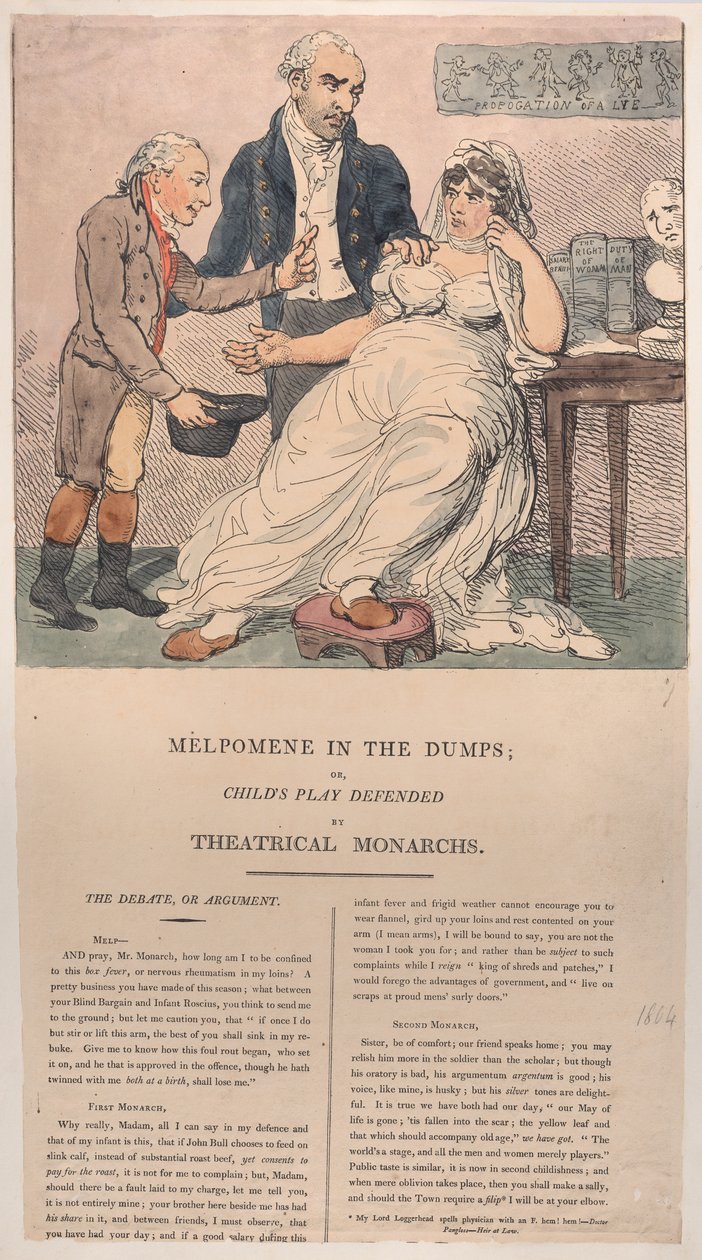 Melpomene in the Dumps, o Gioco dei Bambini Difeso dai Monarchi Teatrali da Thomas Rowlandson