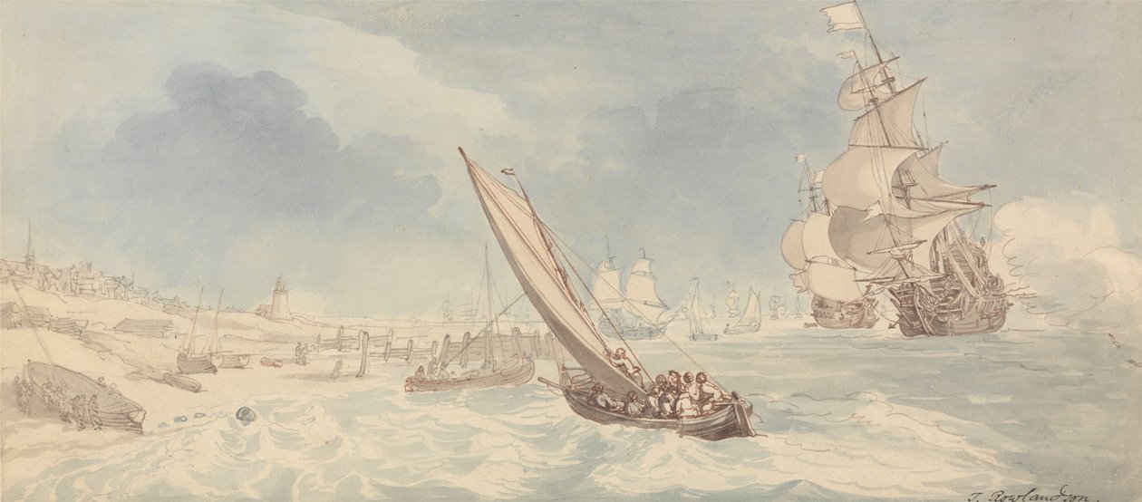 Navi da guerra e barche a vela vicino alla riva da Thomas Rowlandson