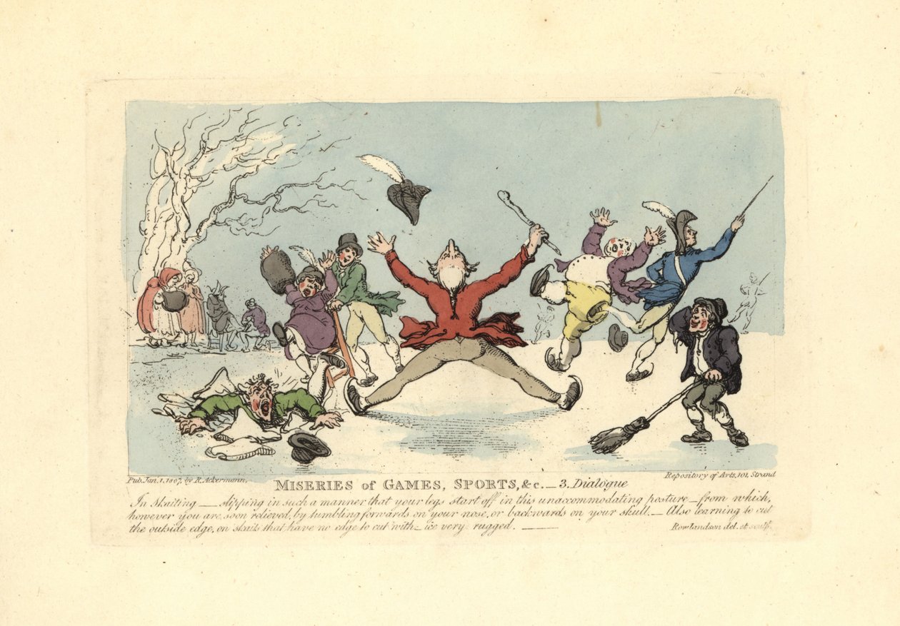Uomini che cadono sui pattini da ghiaccio, un altro che cade attraverso il ghiaccio da Thomas Rowlandson