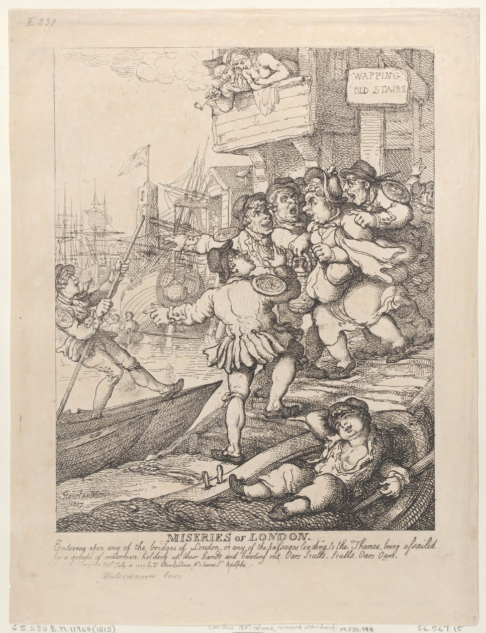 Le miserie di Londra: non appena si imbocca uno qualsiasi dei ponti di Londra o uno dei passaggi che conducono al Tamigi, si viene assaliti da un gruppo di barcaioli che alzano le mani e gridano a squarciagola: «Remi! Remi! Remi! Remi!». da Thomas Rowlandson