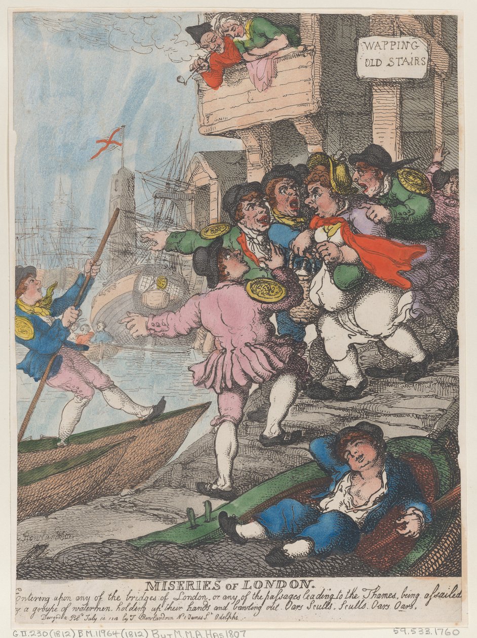 Le miserie di Londra: non appena si imbocca uno qualsiasi dei ponti di Londra o uno dei passaggi che conducono al Tamigi, si viene assaliti da un gruppo di barcaioli che alzano le mani e gridano a squarciagola: «Remi! Remi! Remi! Remi!». da Thomas Rowlandson