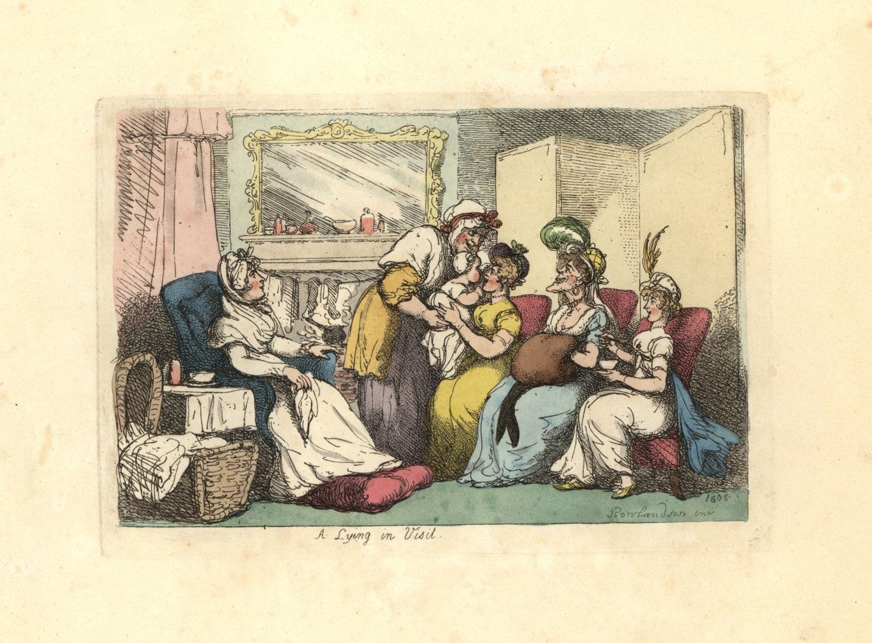Madre con neonato visitata da diverse donne in un salotto da Thomas Rowlandson