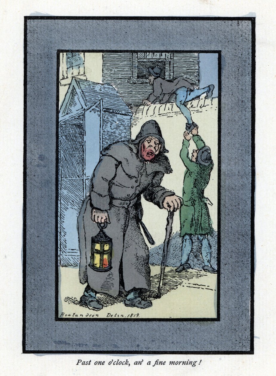 Guardiano notturno con la sua lanterna e bastone, disattento a due ladri che entrano in una casa dietro di lui (incisione su legno, basata su un dipinto di Thomas Rowlandson) da Thomas Rowlandson