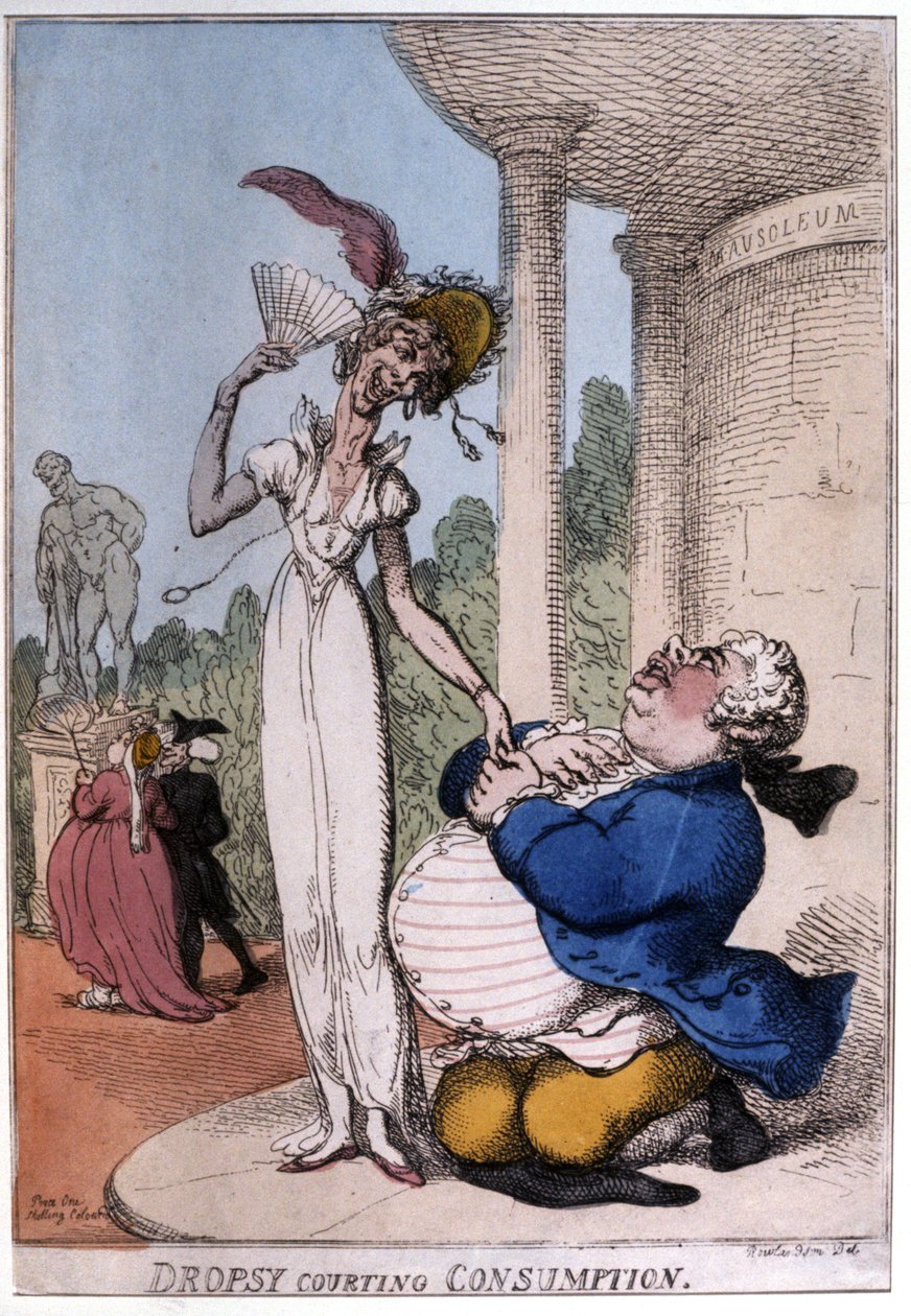 Uomo obeso che corteggia una paziente tubercolotica: idropisia e consunzione, inizio XIX secolo (caricatura) da Thomas Rowlandson