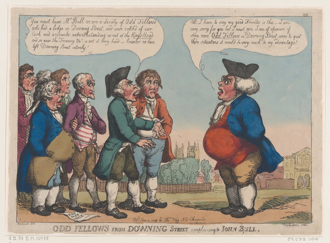Strani compagni da Downing Street che si lamentano con John Bull, 4 giugno 1808 da Thomas Rowlandson