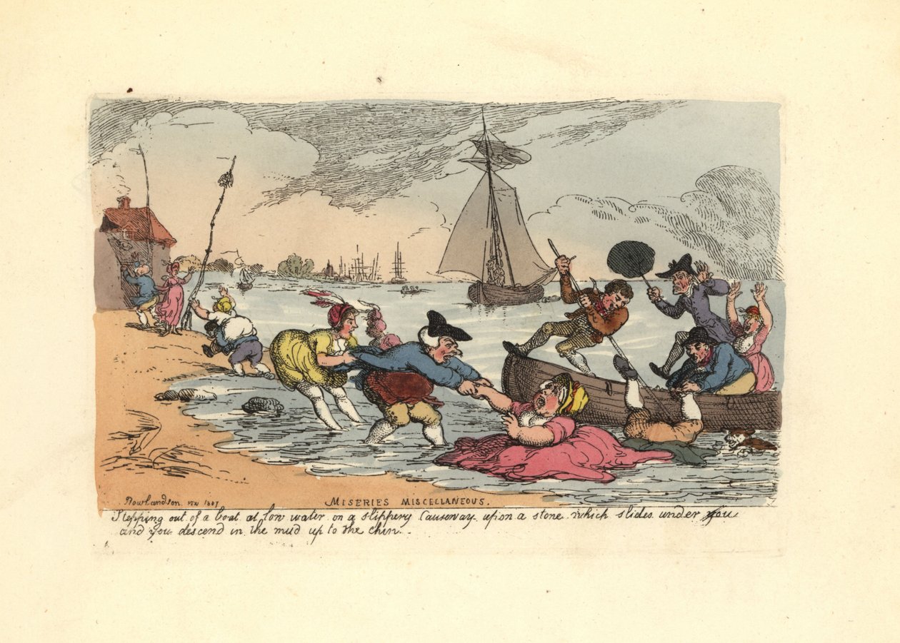 Passeggeri che scivolano e cadono nel fango del fiume da Thomas Rowlandson