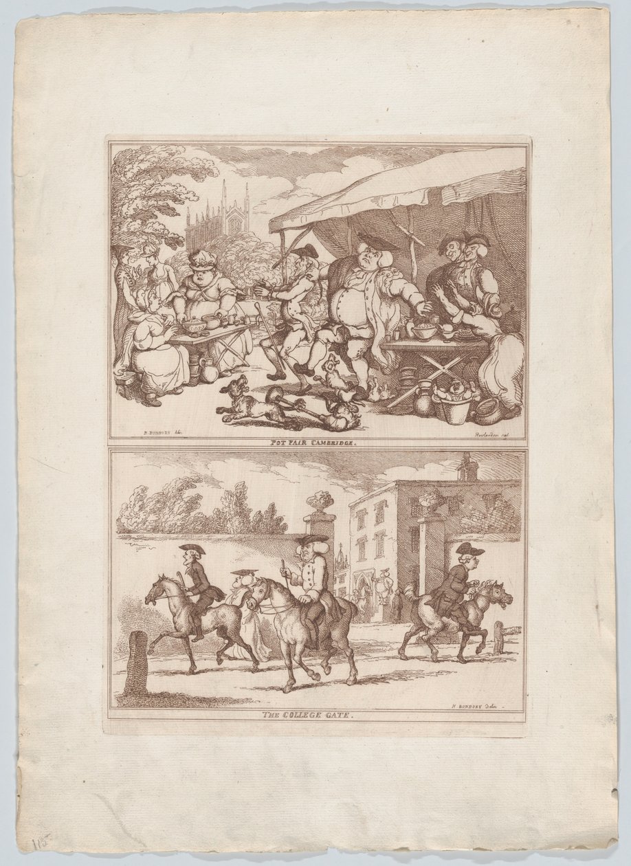 Fiera della ceramica a Cambridge, e, Il cancello del college da Thomas Rowlandson