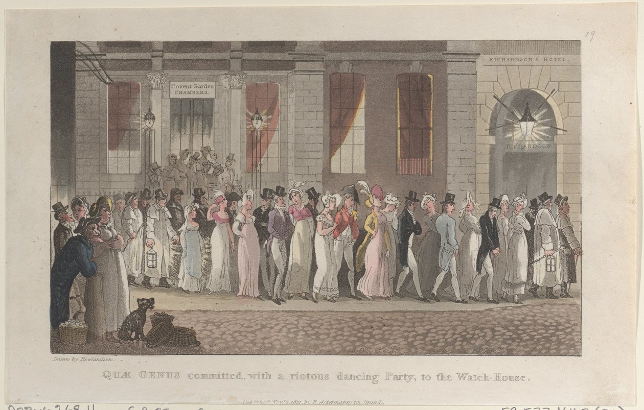 Quae Genus arrestato, con una festa di ballo tumultuosa, alla stazione di polizia da Thomas Rowlandson