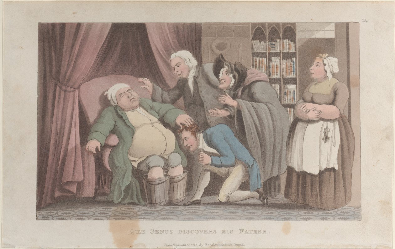Quae Genus scopre suo padre, da The History of Johnny Quae Genus, 1 gennaio 1822 da Thomas Rowlandson