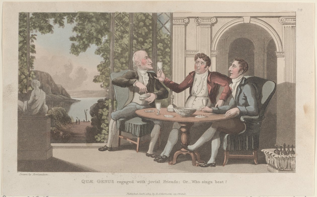 Quae Genus impegnato con amici gioviali, o chi canta meglio, dalla Storia di Johnny Quae Genus, 1 gennaio 1822 da Thomas Rowlandson