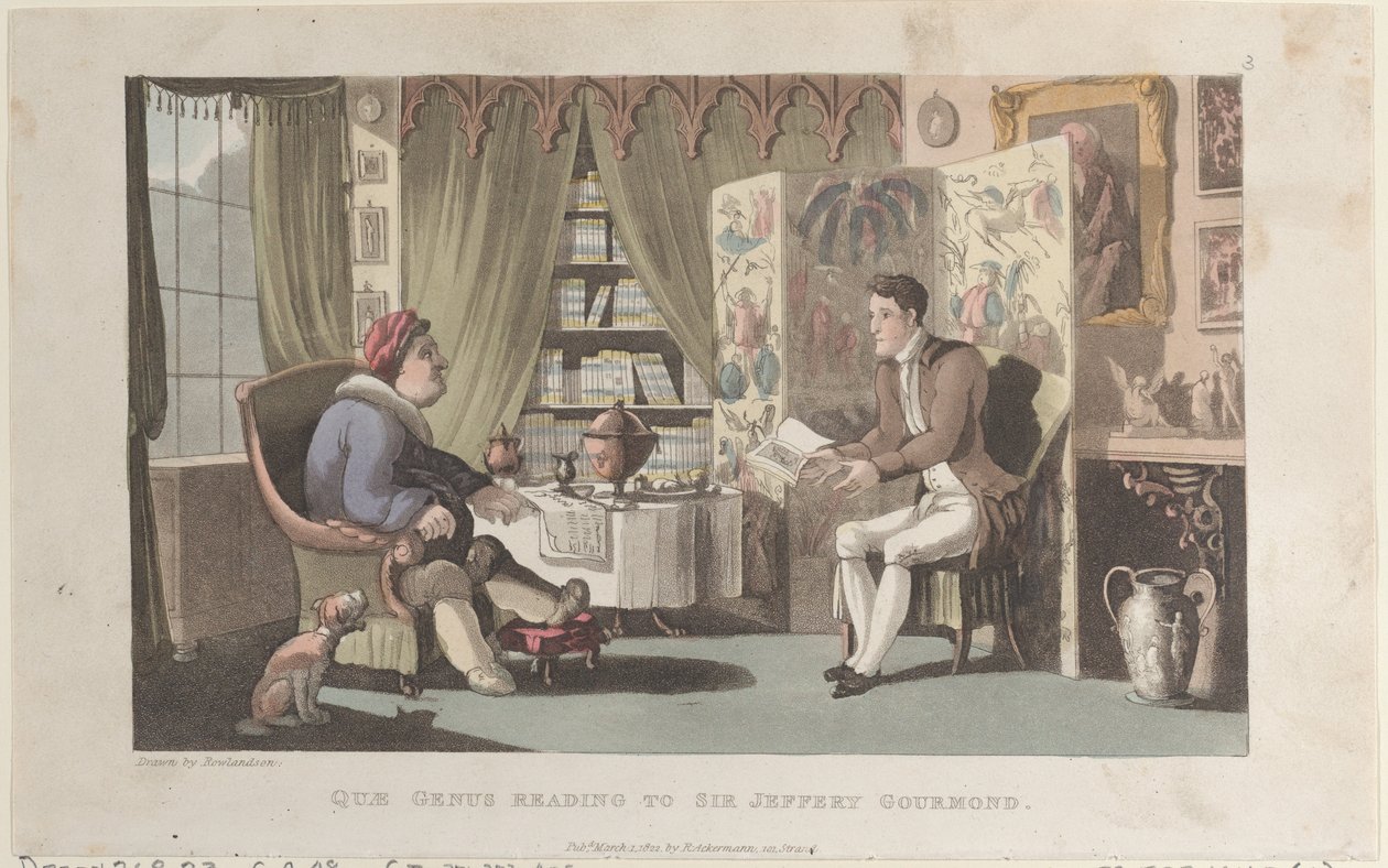 Quae Genus che Legge a Sir Jeffery Gourmand, da The History of Johnny Quae Genu..., 1 marzo 1822 da Thomas Rowlandson