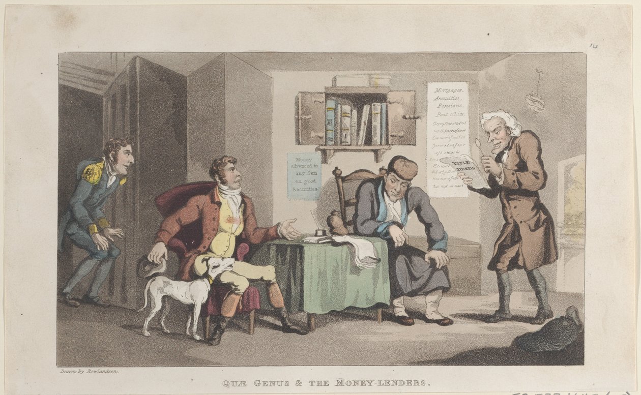 Quae Genus e i prestatori di denaro, dalla storia di Johnny Quae Genus, settembre 1821 da Thomas Rowlandson