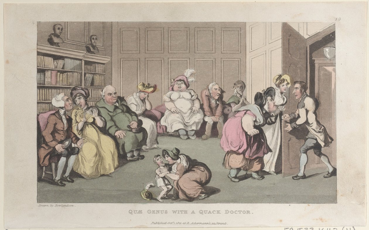 Quae Genus con un medico ciarlatano, da The History of Johnny Quae Genus, The Lit..., 1 ottobre 1821 da Thomas Rowlandson