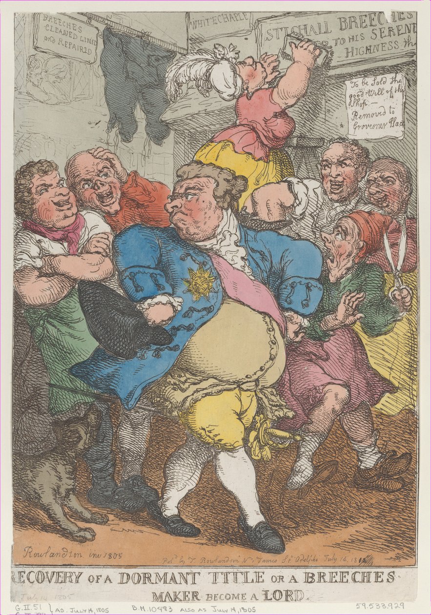 Recupero da un titolo dormiente o un fabbricante di calzoni diventa..., [14 luglio 1805], ripubblicato 14 luglio 1812 da Thomas Rowlandson