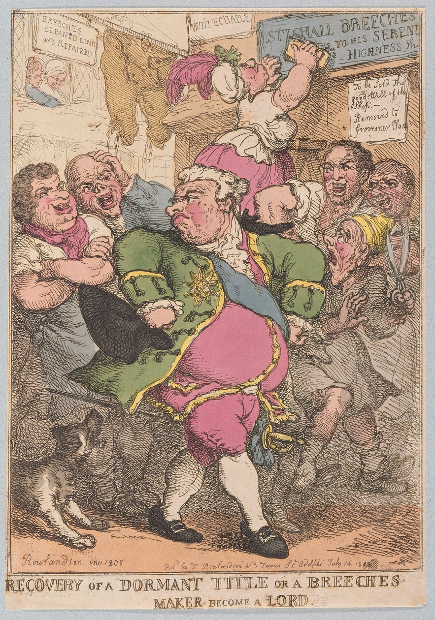 Recupero di un titolo dormiente o un fabbricante di pantaloni diventato un lord, pub. 1805 (incisione colorata a mano) da Thomas Rowlandson