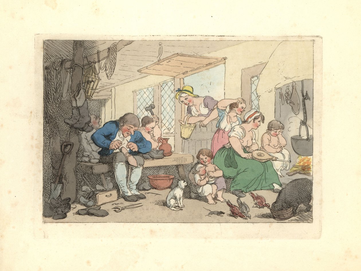 Calzolaio del periodo Regency che ripara scarpe in una stanza affollata da Thomas Rowlandson