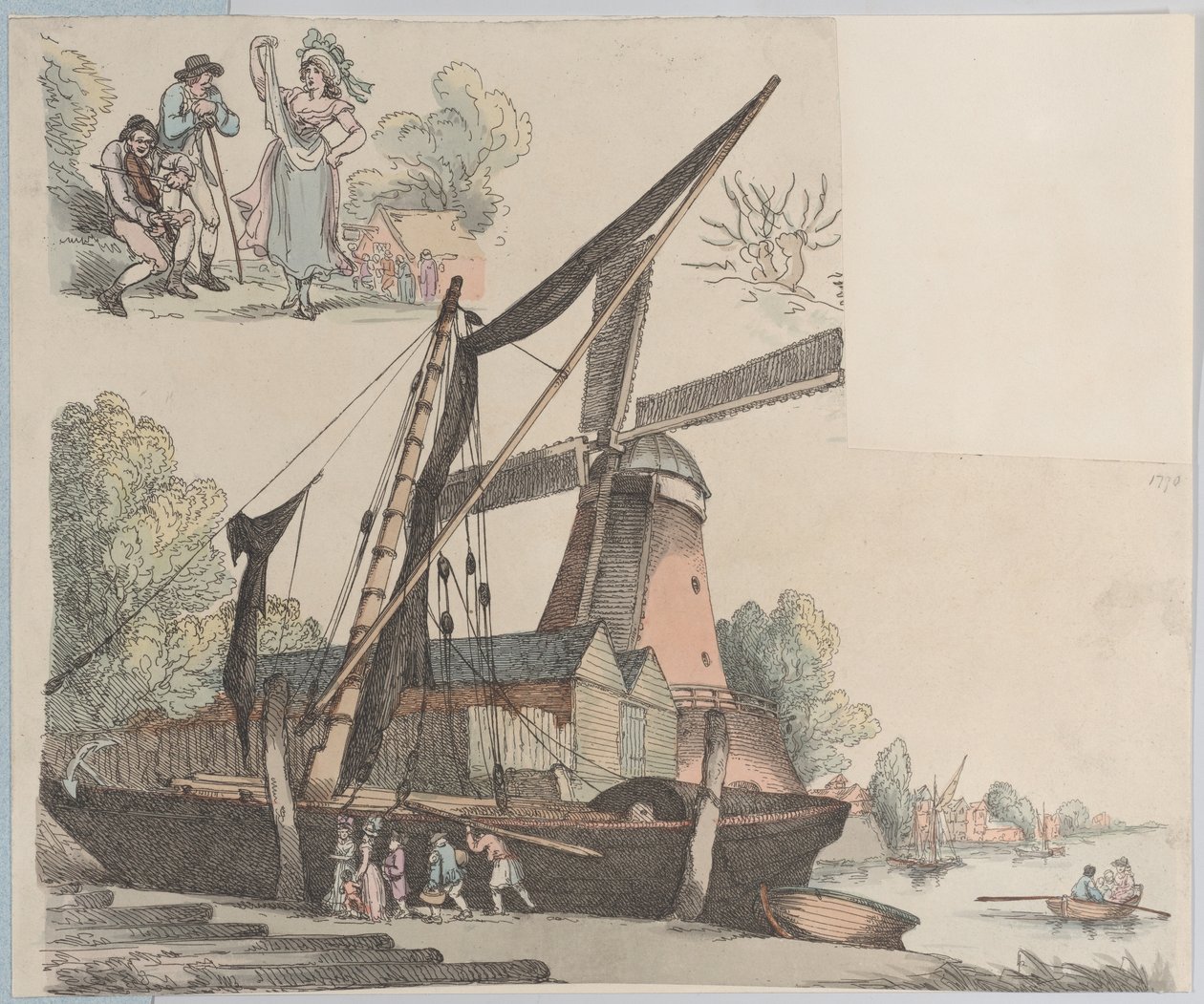 Scena fluviale con mulino a vento da Plate 9, Contorni di figure, paesaggi e C..., 20 gennaio 1791 da Thomas Rowlandson