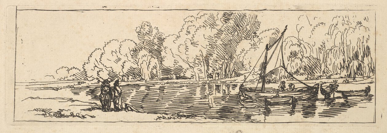 Scena fluviale o lacustre: una barca a vela e un gommone con delle figure sulla riva più vicina da Thomas Rowlandson