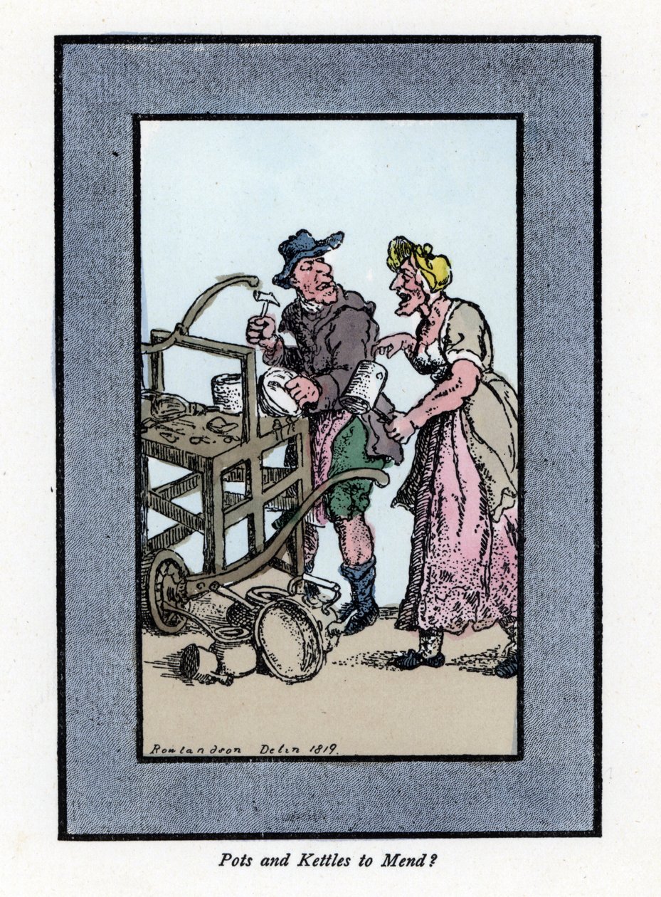 Riparatore ambulante e cliente che mostra il fondo di una pentola. Colpisce una pentola di metallo con un martello su una panca portatile. Incisione su legno, basata su un dipinto di Thomas Rowlandson (1756-1827), pubblicata in The Cris of London: con sei  da Thomas Rowlandson