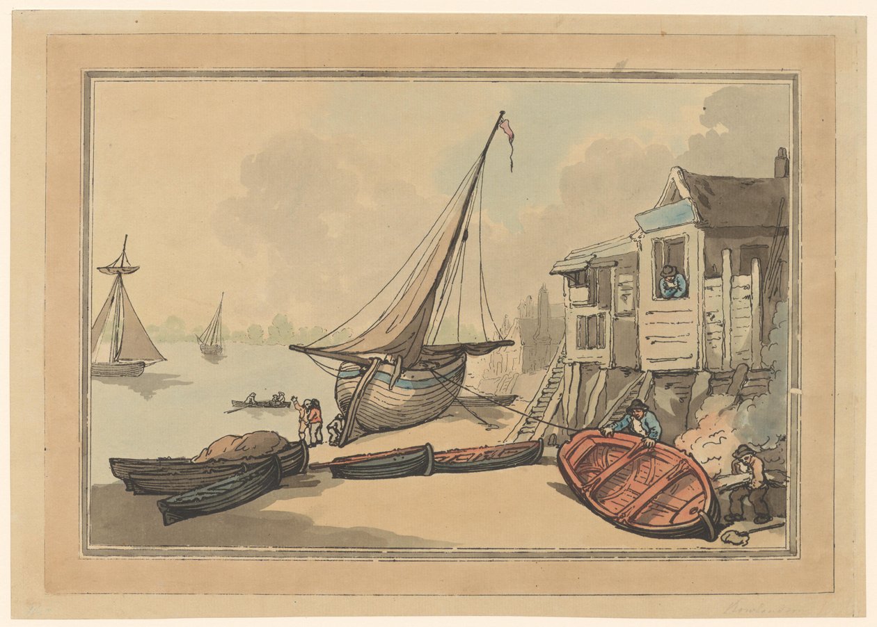 Barche a remi e una barca a vela su una riva da Thomas Rowlandson